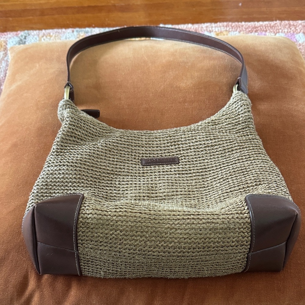Rosetti Woven Shoulder Bag with Brown Trim - Natural Beige